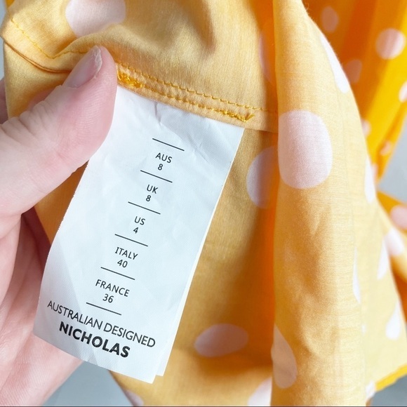 Nicholas Smocked Long Sleeve V-Neck Polka Dot Caftan Maxi Dress Silk Cotton - Picture 9 of 10